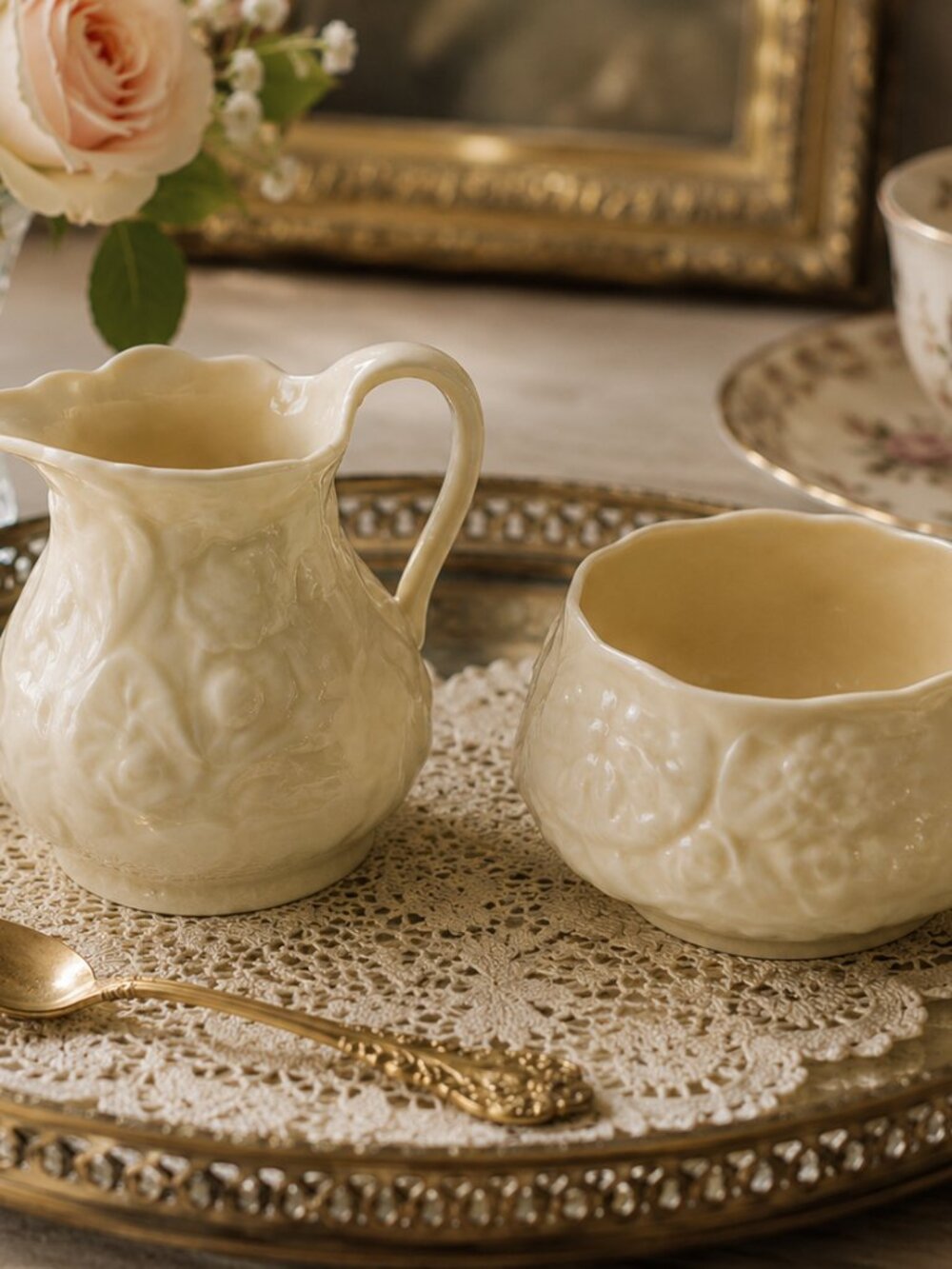 Belleek Lotus Cream & Sugar Bone China